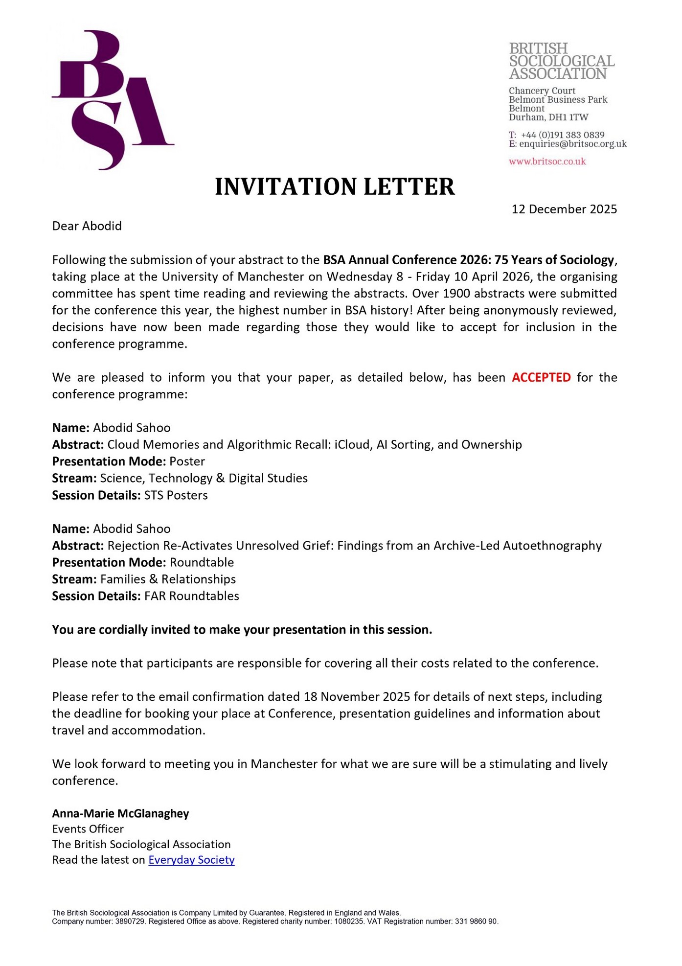 British Sociological Association invitation letter accepting two projects
