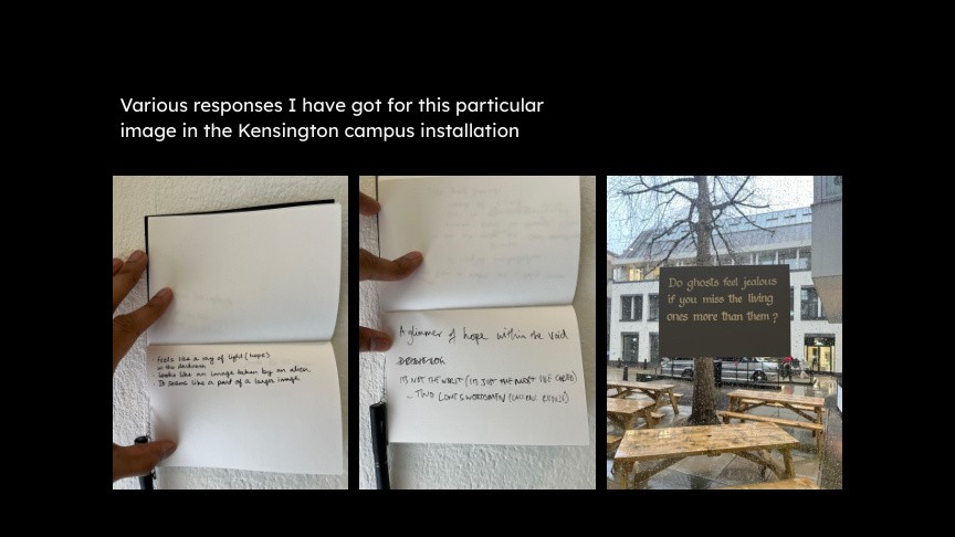 Participatory written responses displayed beside an outdoor installation